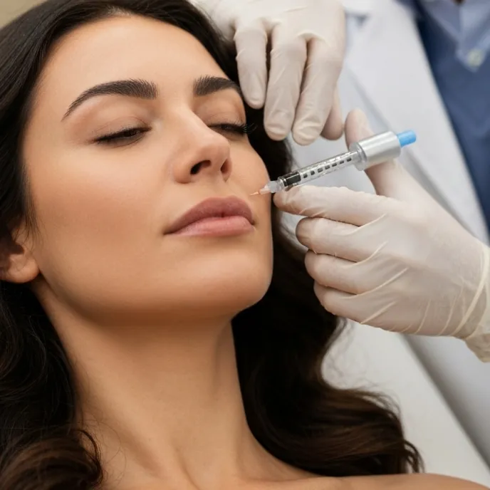 Gloved hands holding a syringe near the cheek of a reclining woman with closed eyes.
