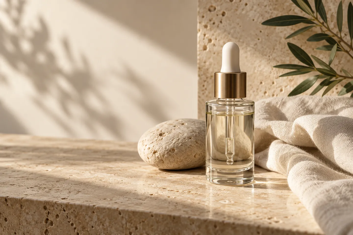 Clear glass serum bottle, pale stone and ivory linen on sunlit travertine.